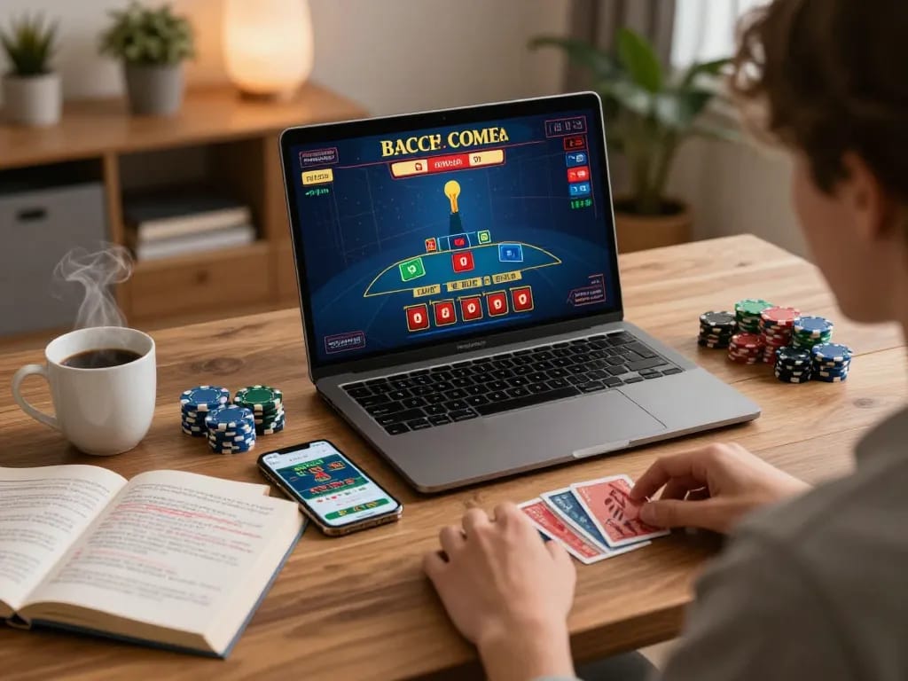 Participate in an exciting online baccarat game at xx88 while enjoying a cozy home gaming setup.