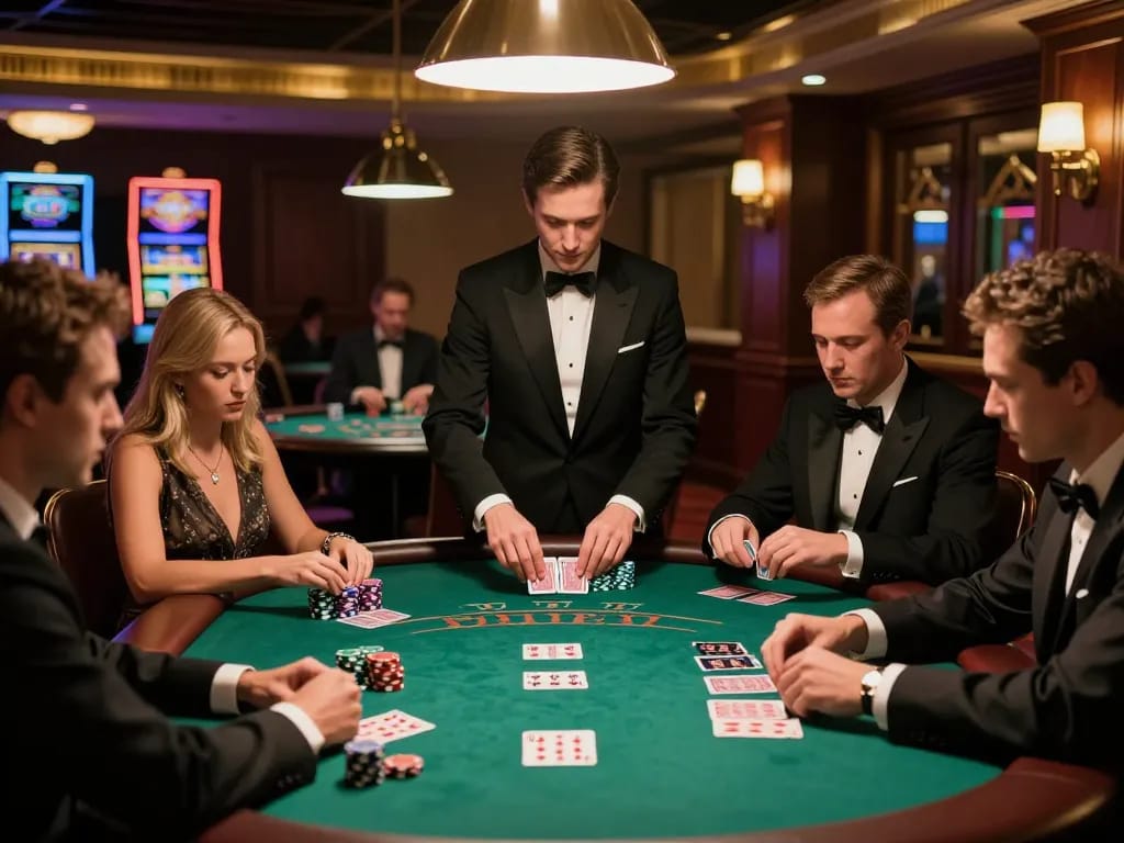 Urr88 players strategizing at an upscale blackjack table in a luxurious casino setting.