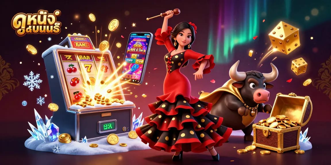 Engage in ดูหนังออนไลน์ with vibrant slots and exciting casino themes in a dynamic illustration.