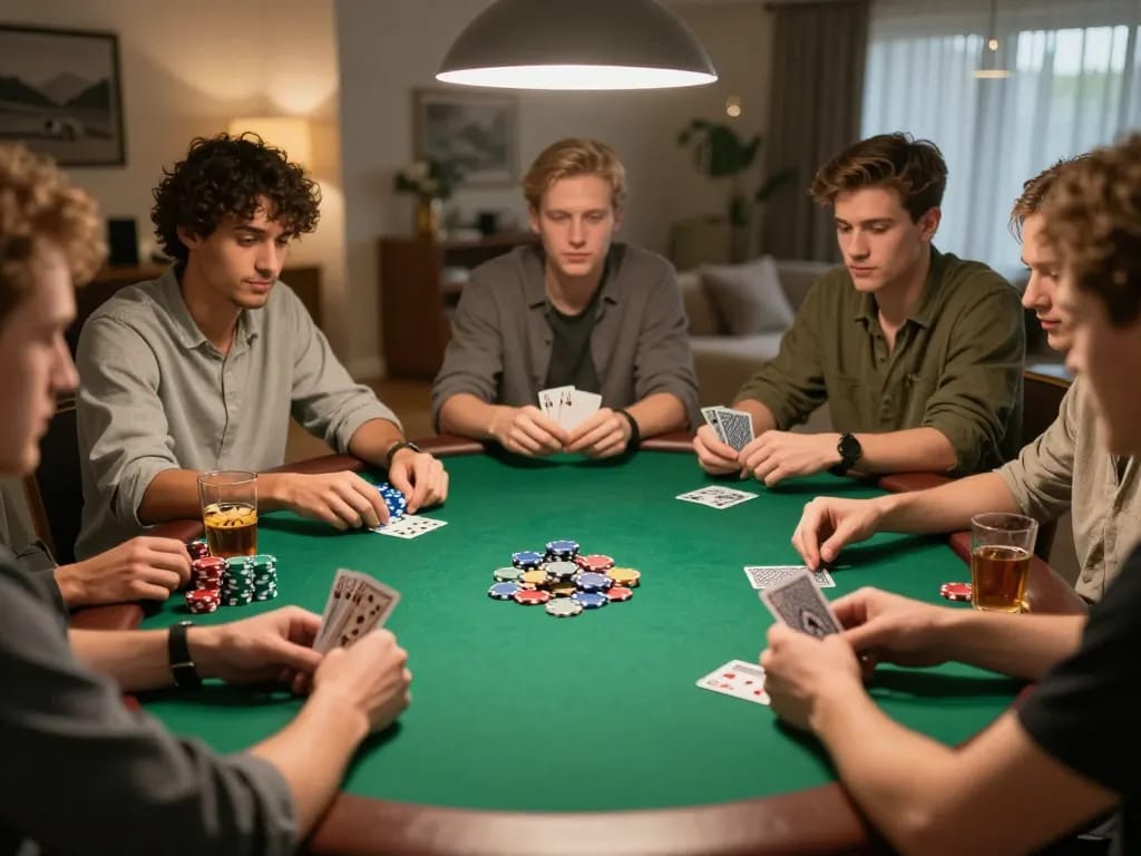 Friends enjoying a poker night at home, with strategic gameplay around a green felt table, emphasizing okwin gaming.