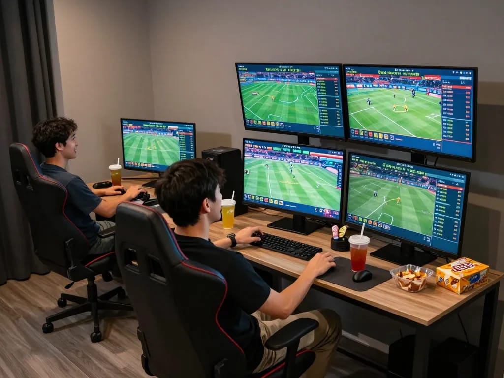 Engaged bettor at an advanced sports betting setup, analyzing odds with lv88 software.
