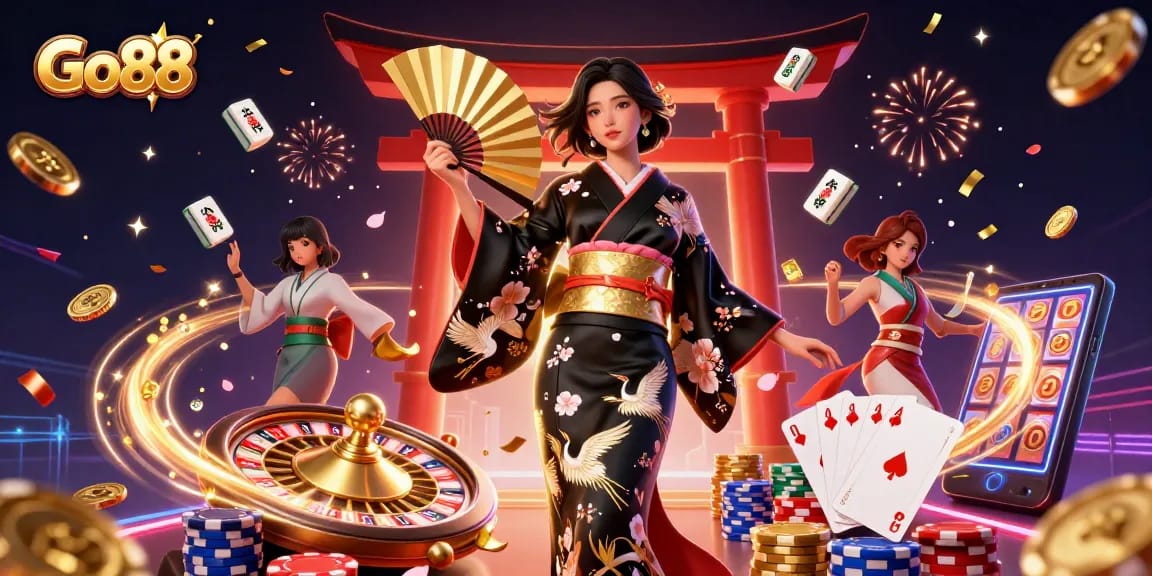 Experience exciting gameplay at Go88 with a vibrant 3D casino illustration featuring various gaming elements.