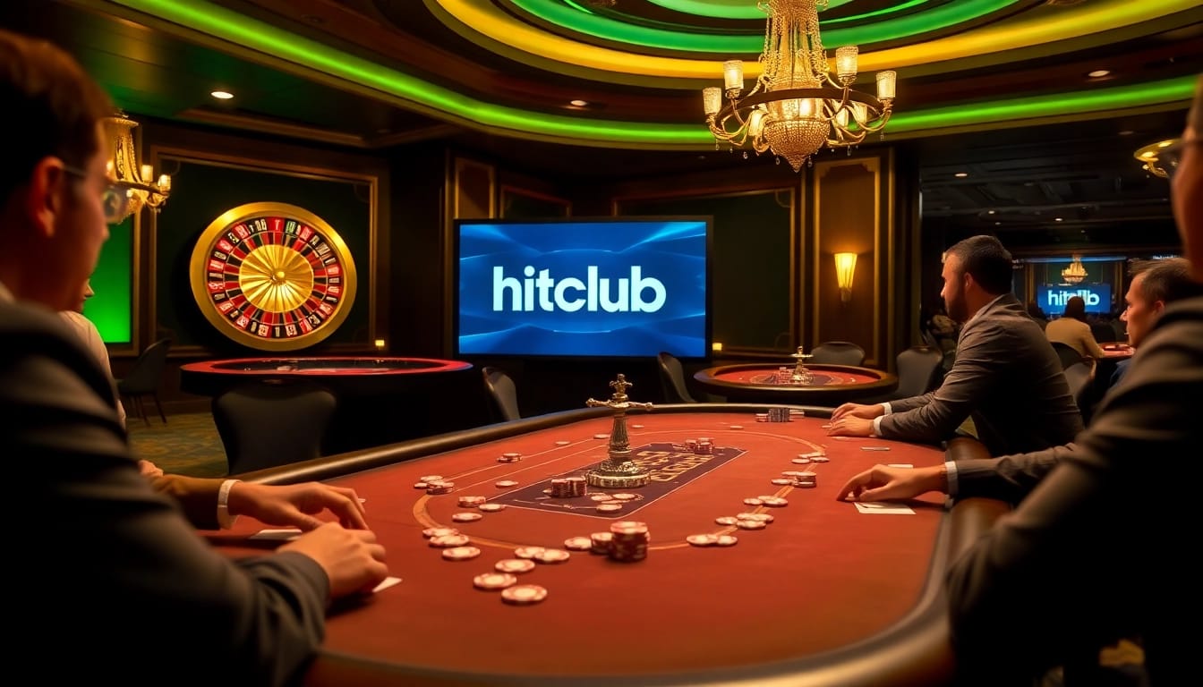 Hitclub poker players enjoying high stakes action at a vibrant casino table.