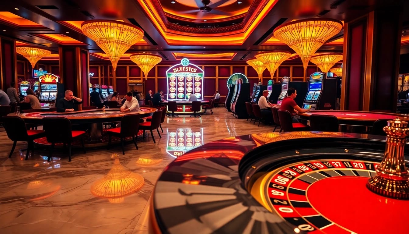 Casino scene illustrating mm oo with vibrant gaming tables, poker chips, and roulette wheels.