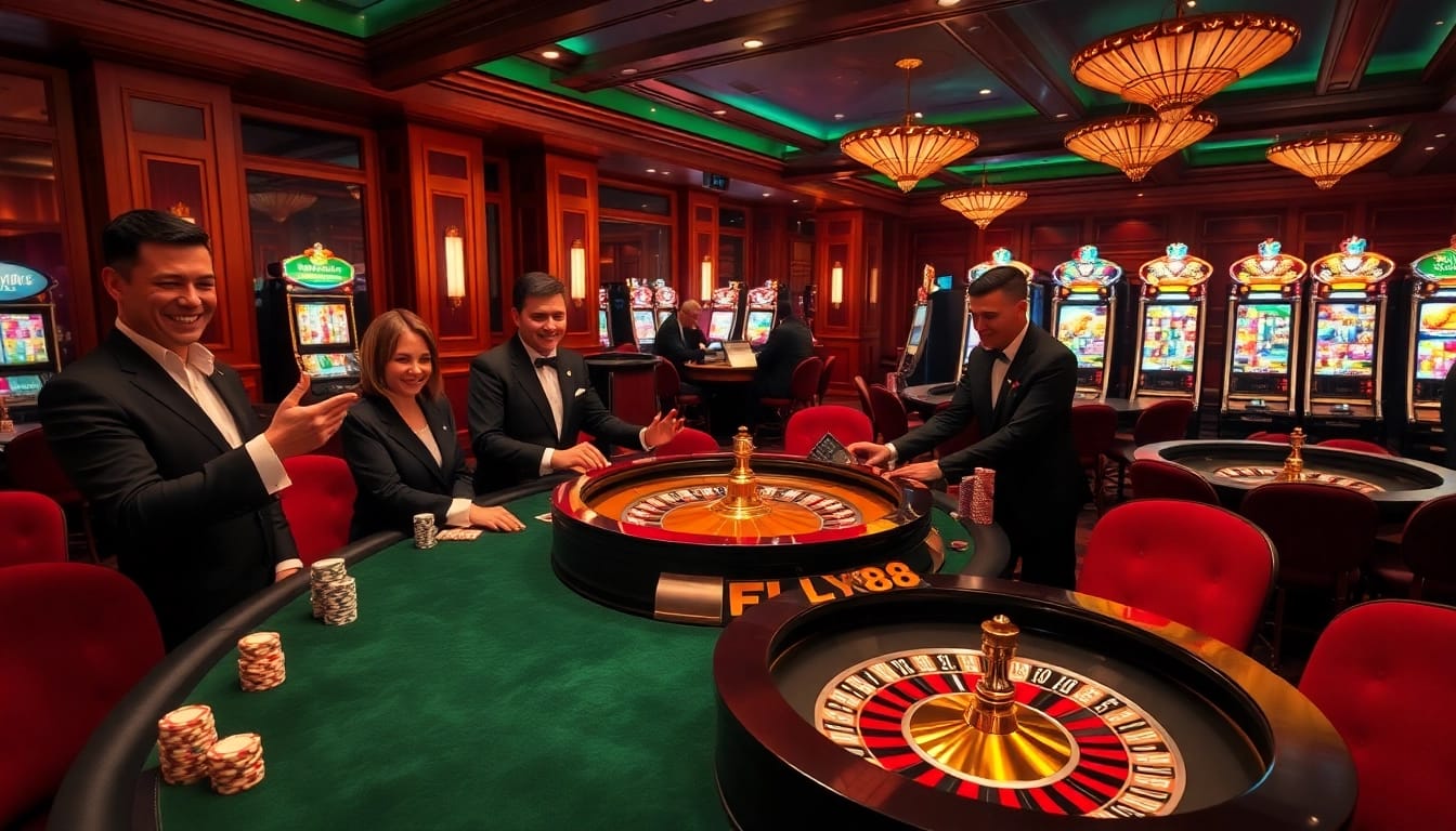 Engage in high-stakes gameplay at FLY88's luxurious casino setting featuring roulette wheels and poker chips.