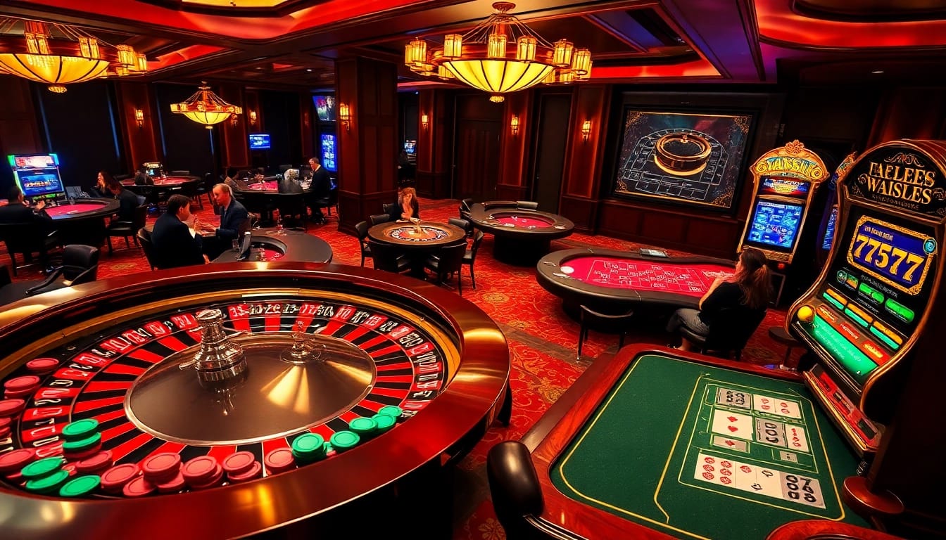 SAY88 casino scene showcasing thrilling games and vibrant roulette wheel action.