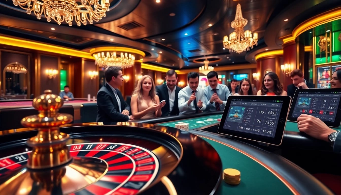 Players enjoying table games and digital betting at tv88.page's luxurious casino atmosphere.