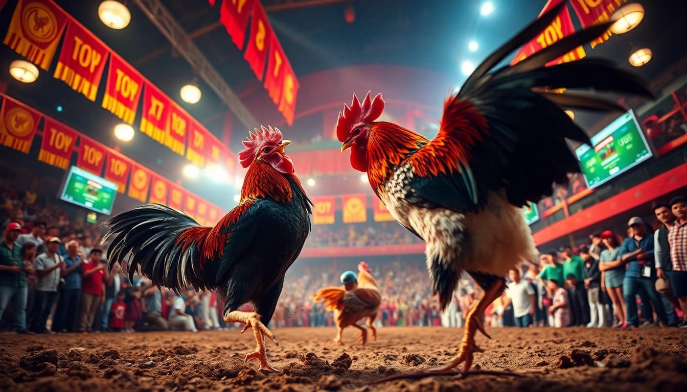 Experience the thrill of live cockfighting at sv368win.live with vibrant imagery of an exciting arena, showcasing intense battles.