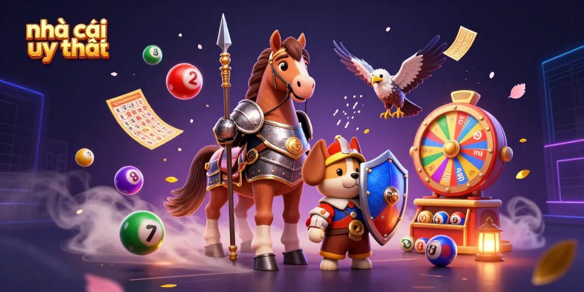 Engaging scene at nhà cái uy tín features a knight, puppy, and falcon with dynamic casino elements.