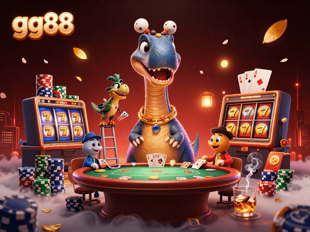 Spin the reels at gg88 for big wins with this dynamic casino illustration featuring unique characters and vibrant elements.