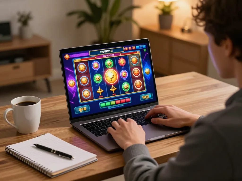 Player engaging with fabet online slots on a laptop, highlights vibrant gaming interface and strategic approach.