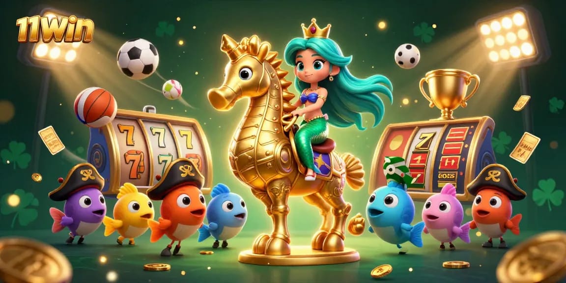 Experience 11WIN's thrilling casino adventure with a mermaid riding a seahorse amidst colorful slot reels and coins.