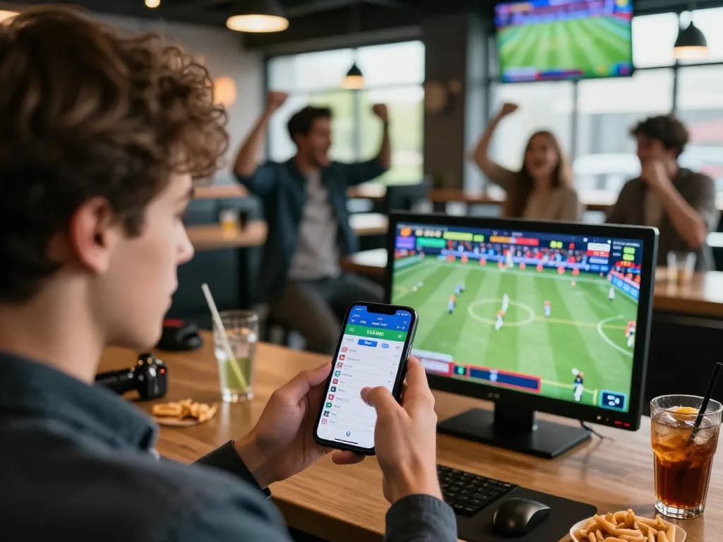 Nagabola sports betting scene with user checking live odds on smartphone, vibrant sports atmosphere.