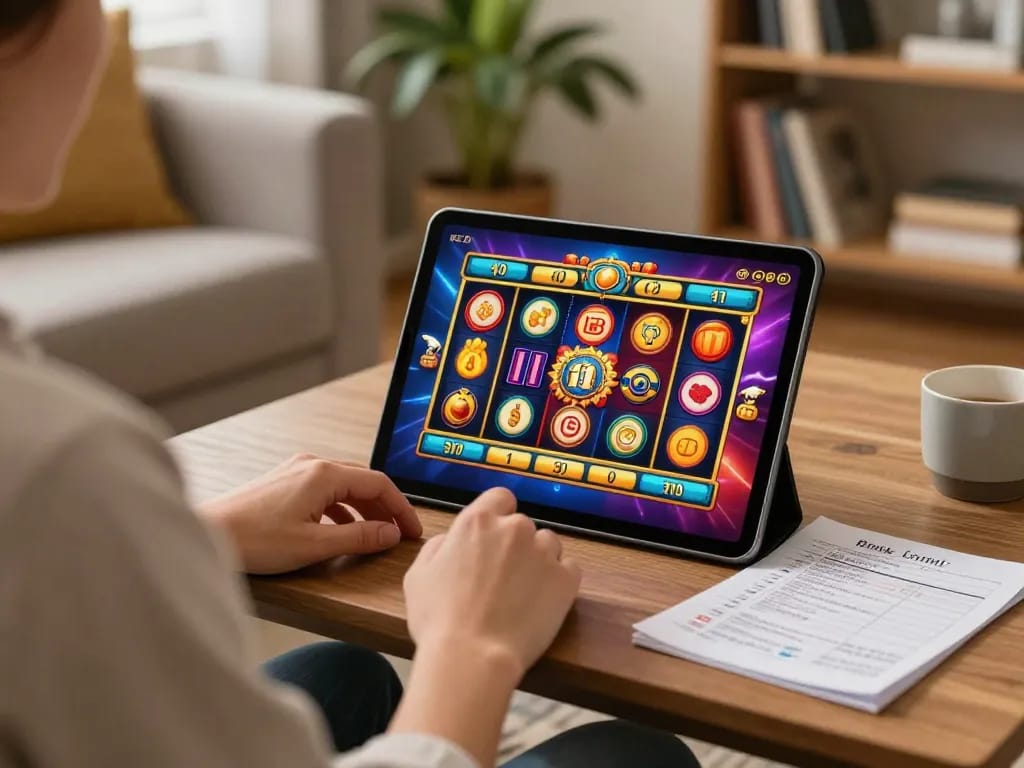 Player immerses in a thrilling slot game on their tablet with vu88, showcasing a cozy gaming atmosphere.