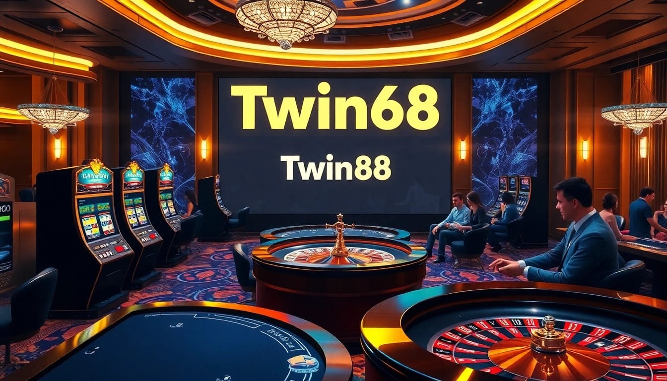 Twin68 players enjoying vibrant slot machines and casino tables in a luxurious online gaming environment.