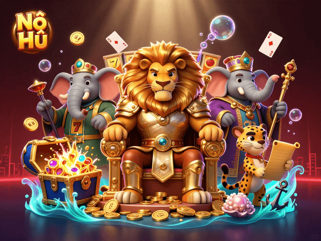 Nổ Hũ showcases a fierce lion king amid slot reels and treasures, capturing the essence of online gaming excitement.