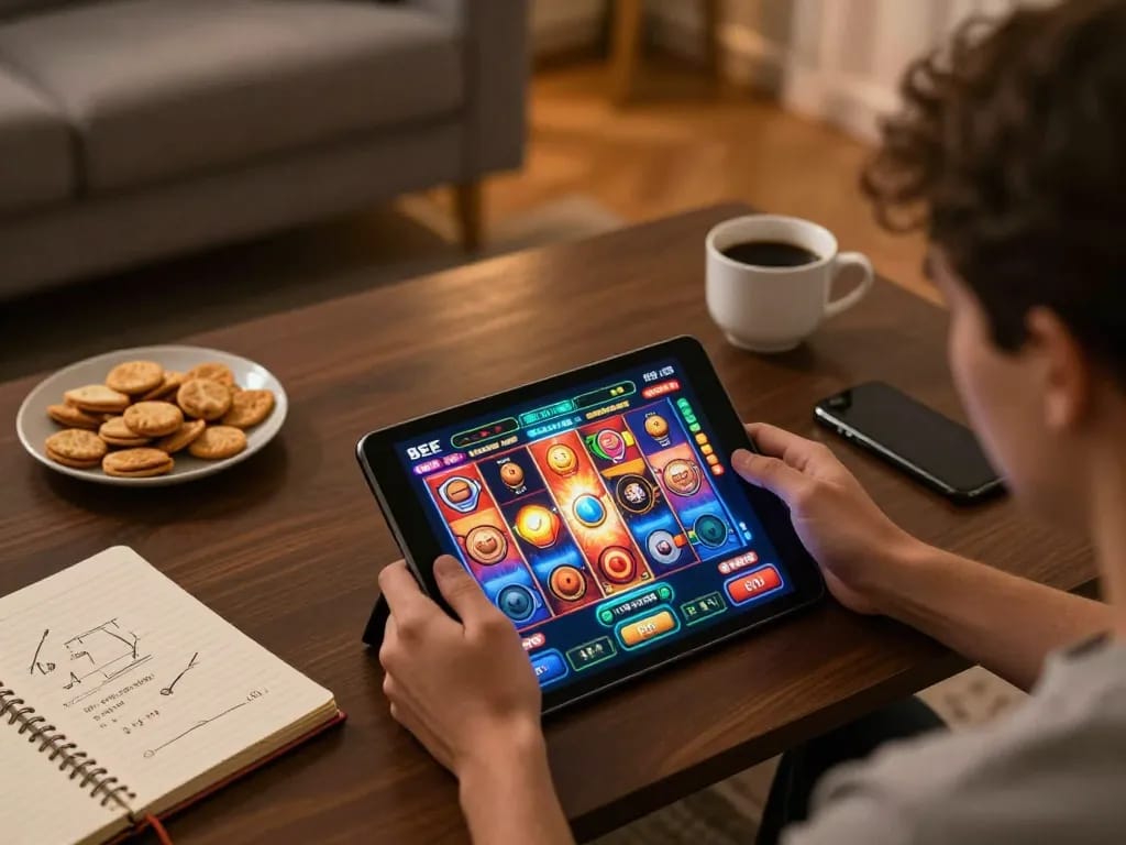 Player enjoying the 8EEE casino app on tablet while relaxing at home