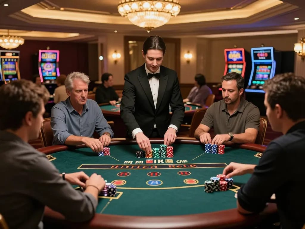 TG88 players strategizing at an upscale blackjack table in a luxurious casino environment.