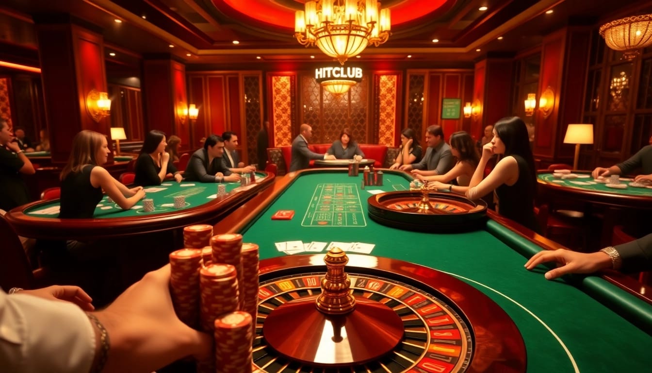 Hitclub players enjoying card games and roulette in a luxurious casino setting.