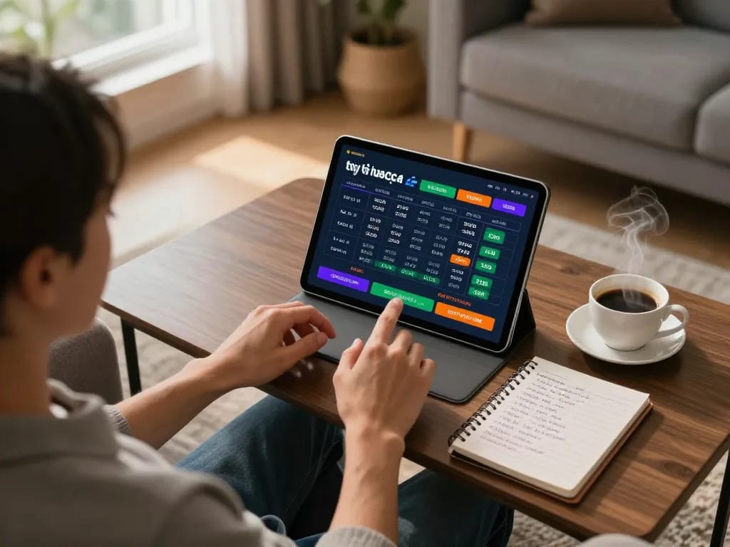 person analyzing tỷ lệ nhà cái on tablet while comfortably betting in a cozy living room
