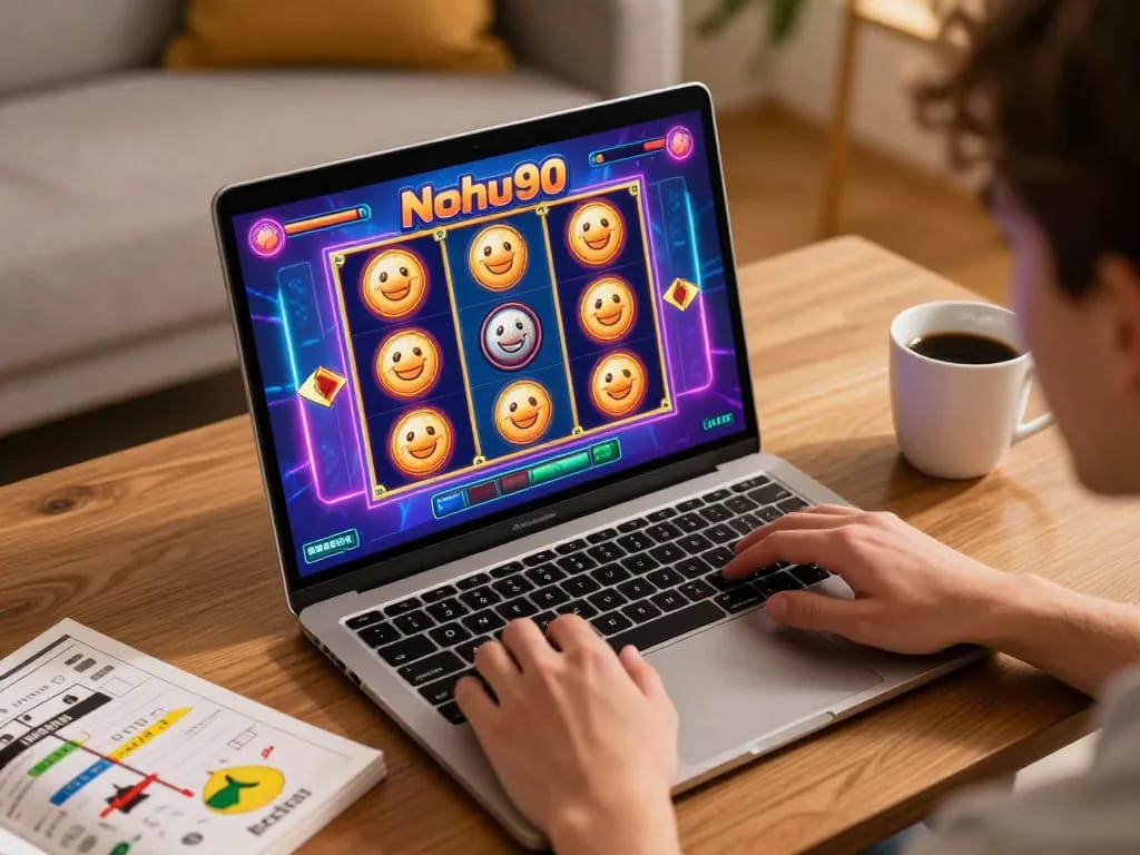 Nohu90 player hits spin on vibrant slot game, home setting with strategy guide.