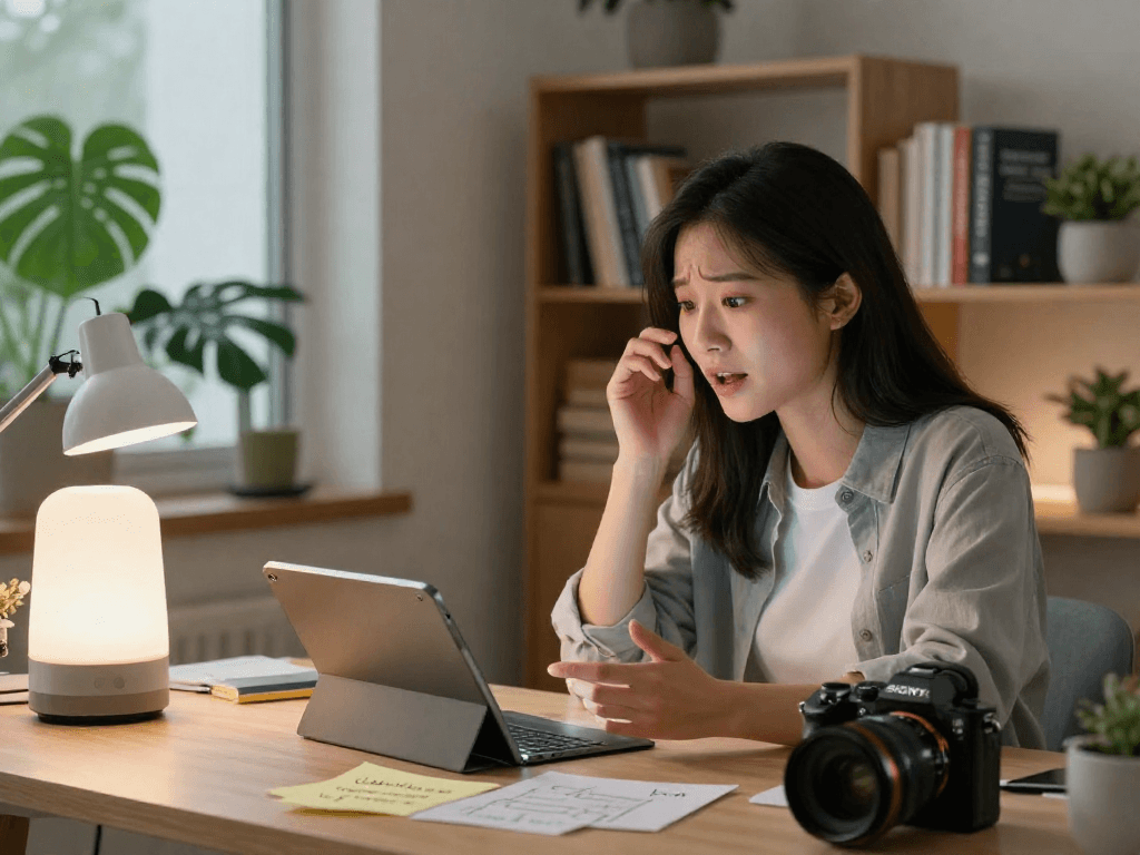 AI girlfriend virtual interaction in a cozy tech-savvy home office
