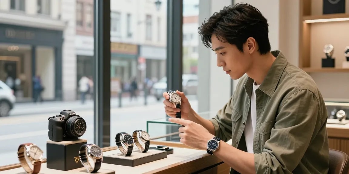 Man exploring premium replica watches in an upscale boutique, showcasing luxury craftsmanship.