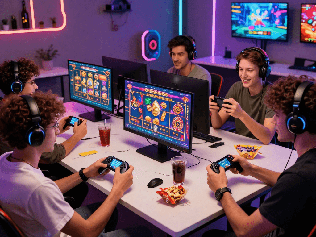 Experience the excitement of a crypto casino night with friends engaging in vibrant gaming activities.