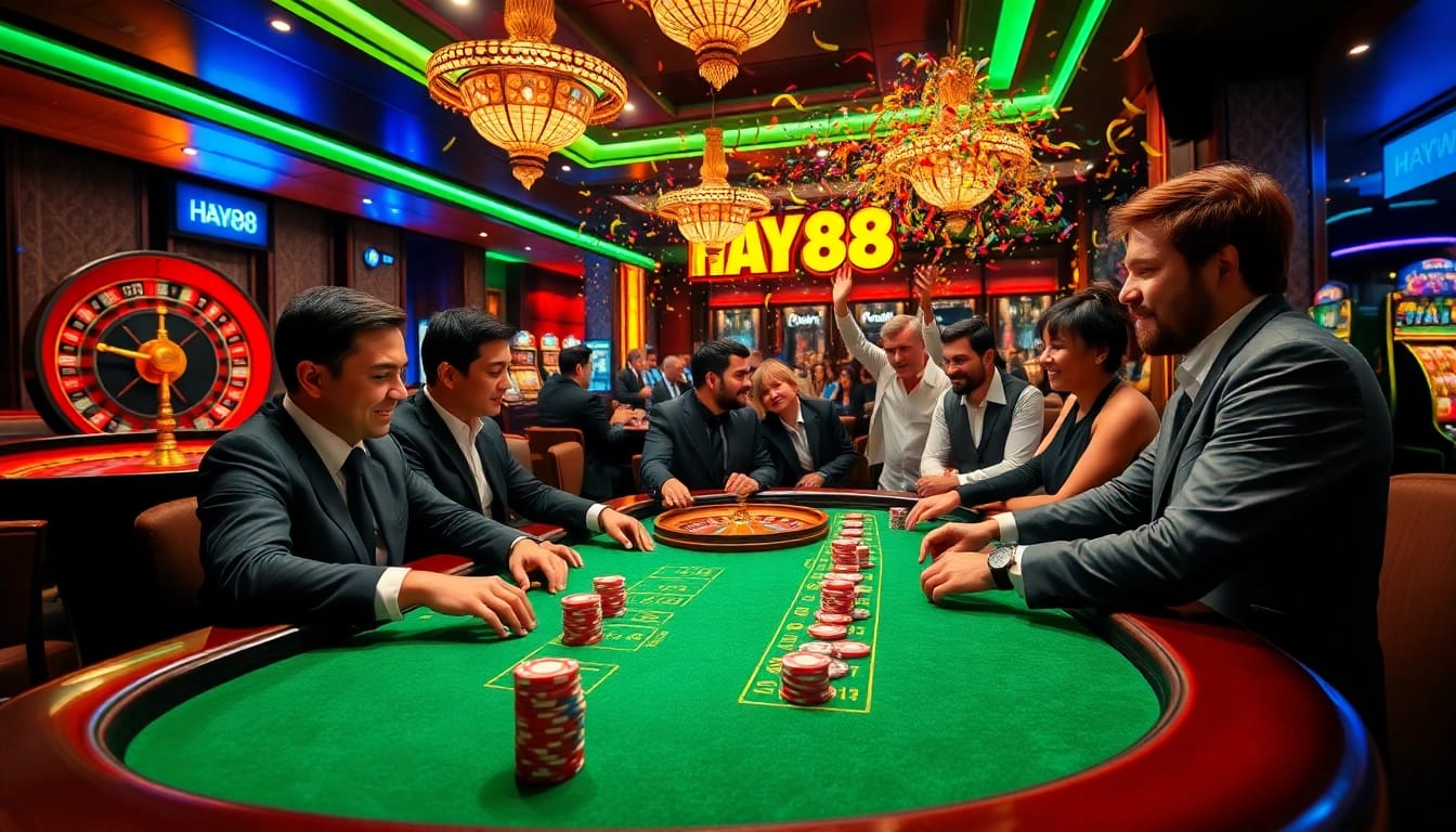 Experience the thrill of winning at Hay88 with a bustling casino scene featuring poker and excitement.