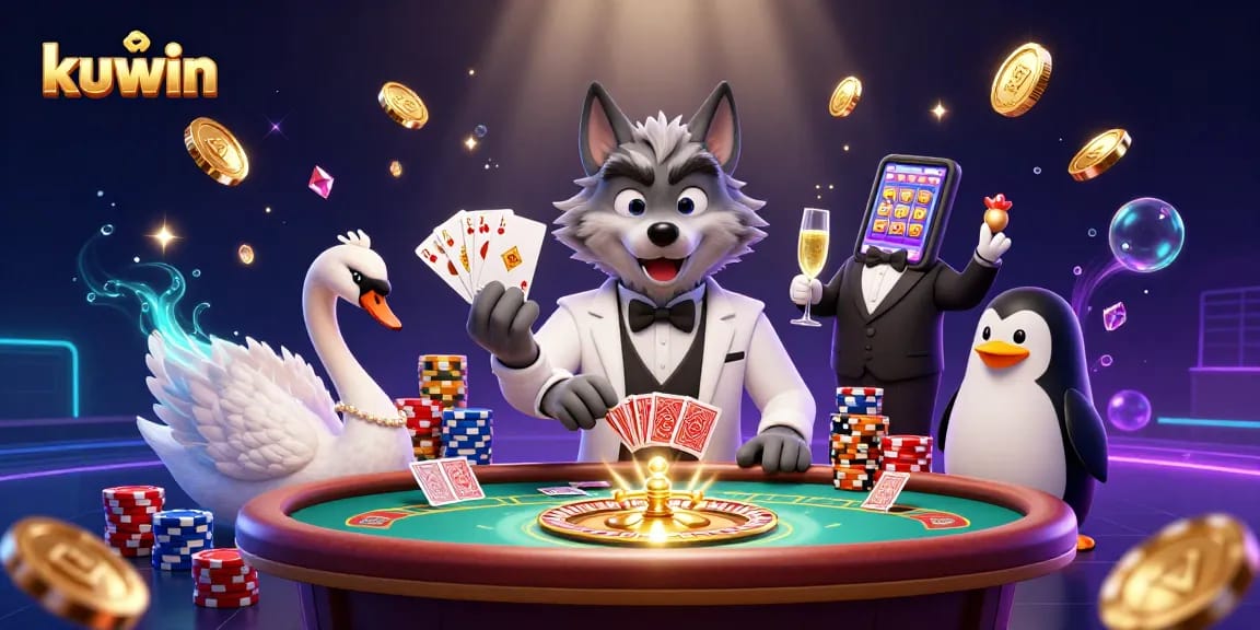 Kuwin casino game scene with a debonair wolf, elegant swan dealer, and penguin sommelier.