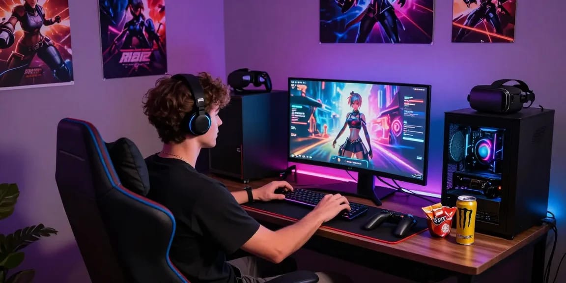 Engaged gamer playing AI hentai games in a vibrant gaming setup with modern decor.