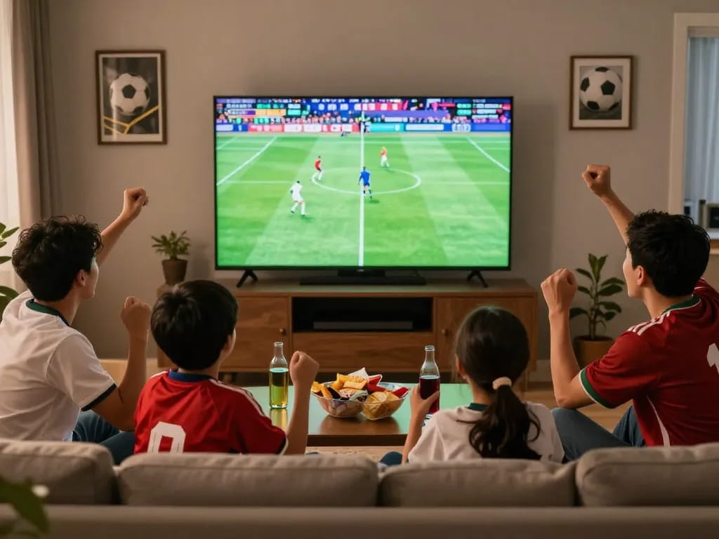 Okwintv sports fan enjoying a live football match at home.
