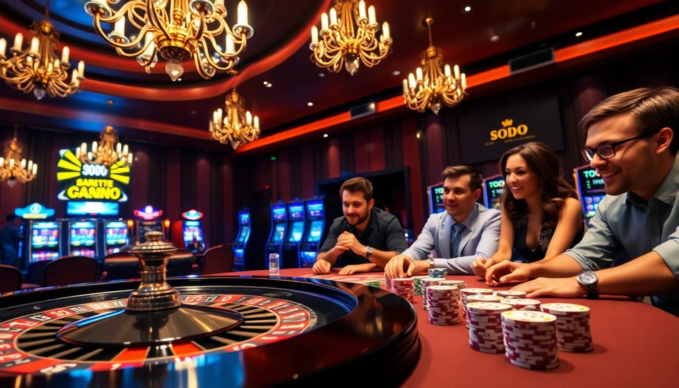 SODO casino scene showcasing a vibrant roulette wheel amidst excited players enjoying table games.