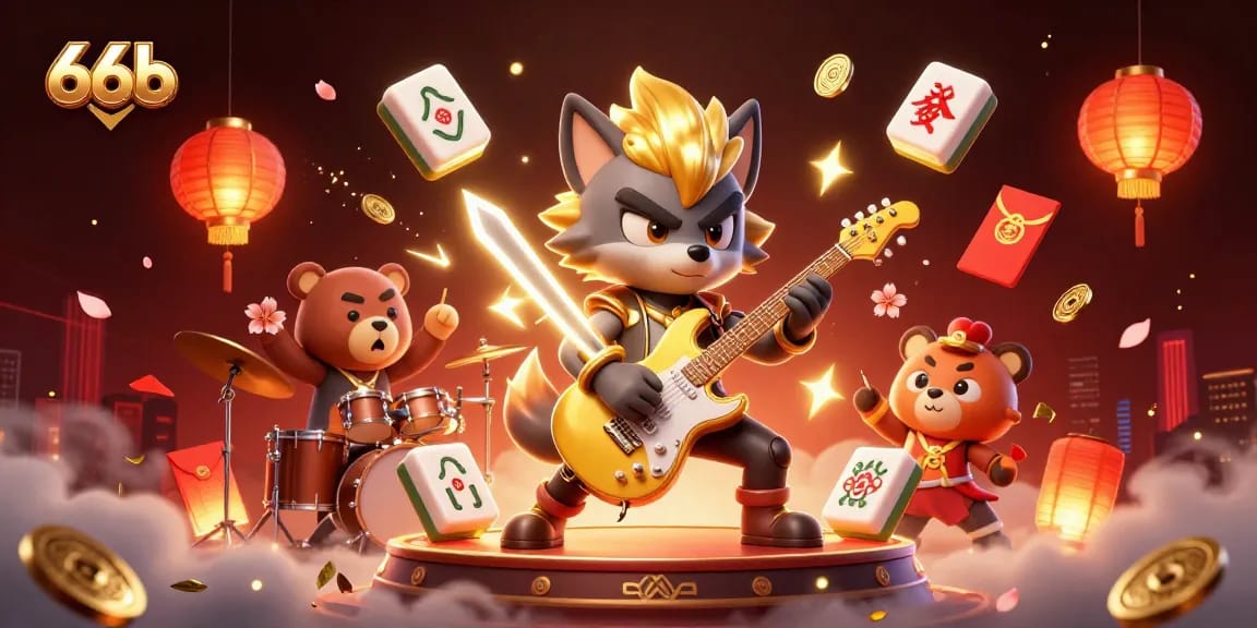 Engage with 66b casino action featuring a rock star wolf playing an electric guitar amidst vibrant gaming elements.