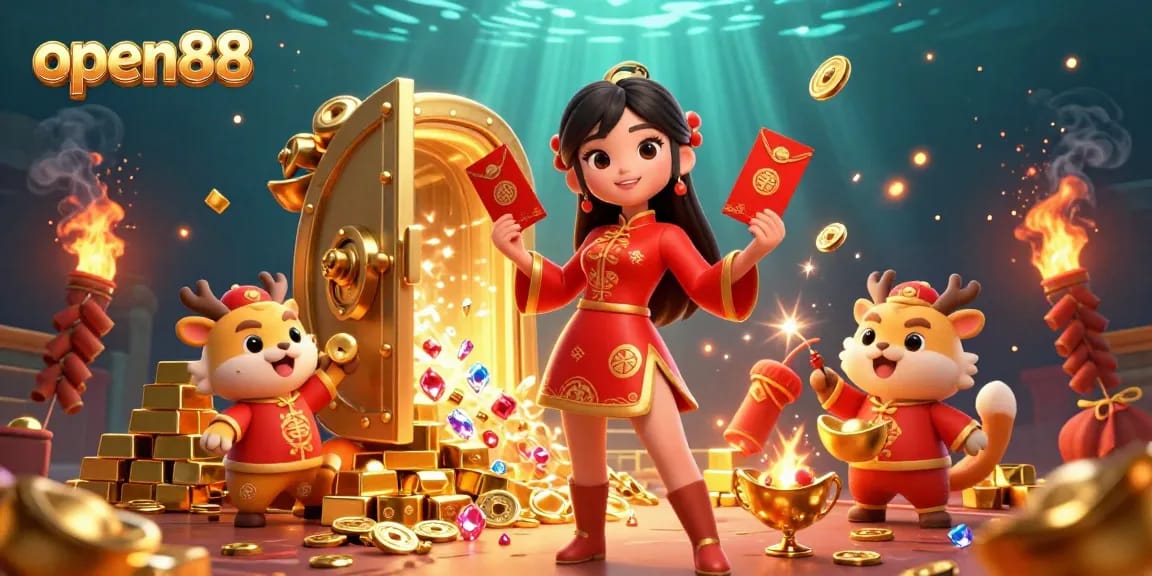 Win big at open88 with a stunning casino scene filled with treasures and festive elements.