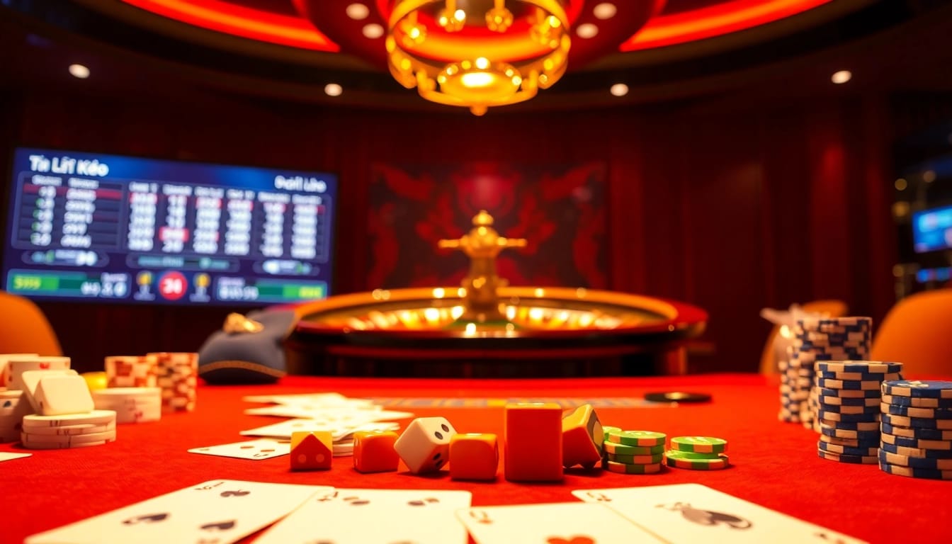 Tỷ lệ kèo displayed prominently on a luxurious casino table with cards, dice, and roulette.