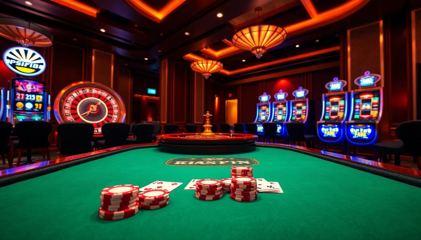 Experience the excitement of winning at Fi88 with vibrant poker chips and a shining roulette wheel in a luxurious casino setting.