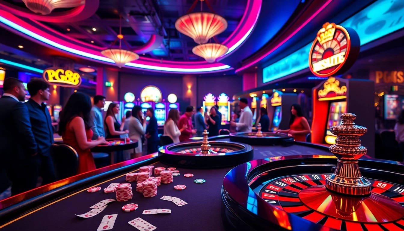 PG88 luxury casino atmosphere with excited players celebrating wins at glamorous tables.