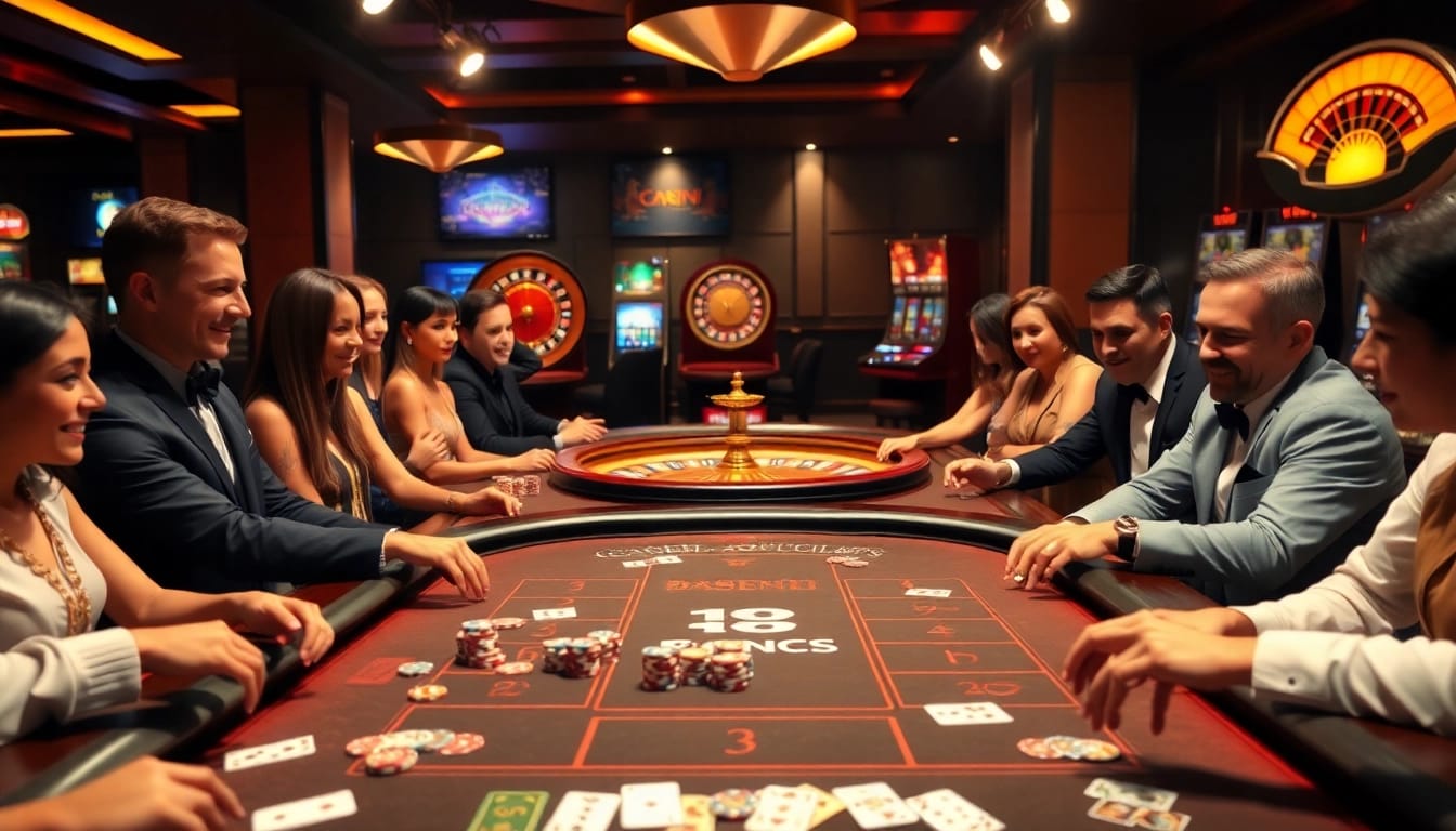 KJC gaming table with players engaging in high-stakes poker, showcasing excitement and strategy.