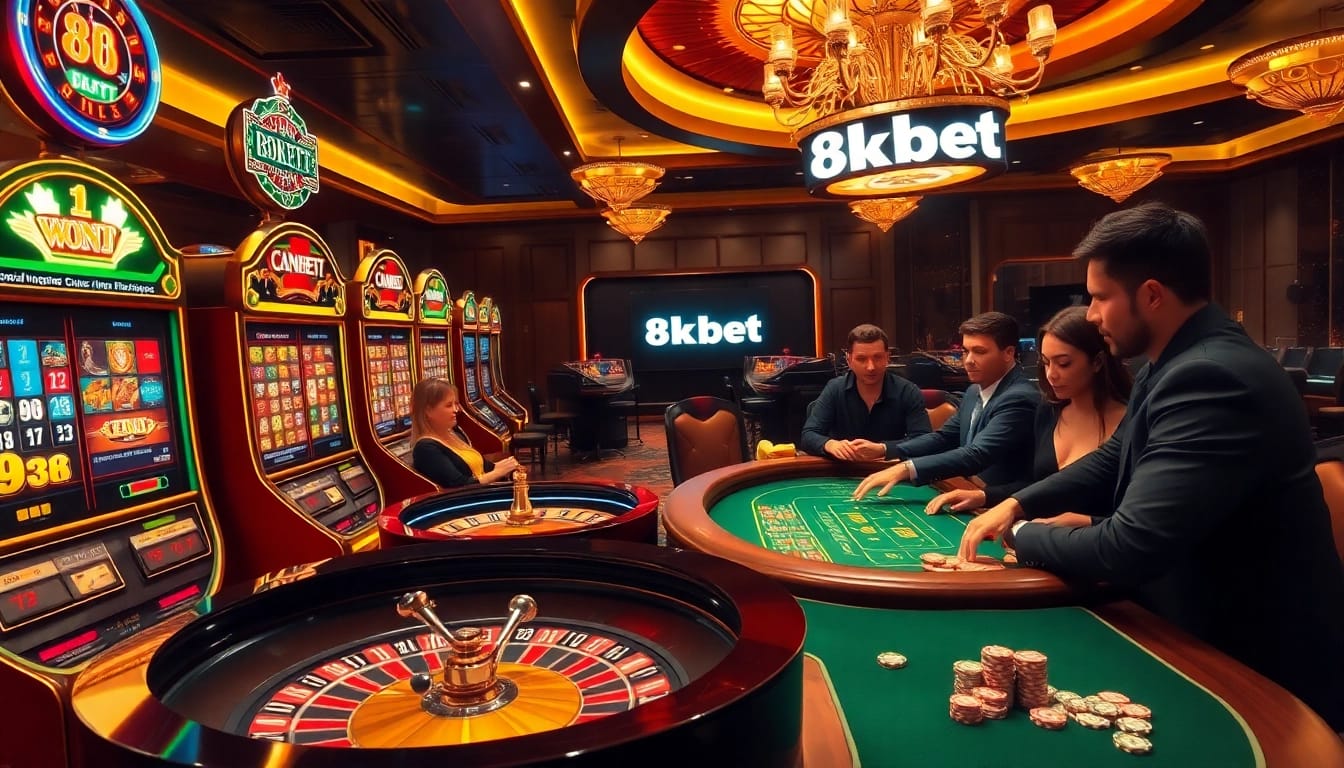 Experience the thrill of 8kbet online gaming with players at a luxurious casino table and vibrant slot machines.