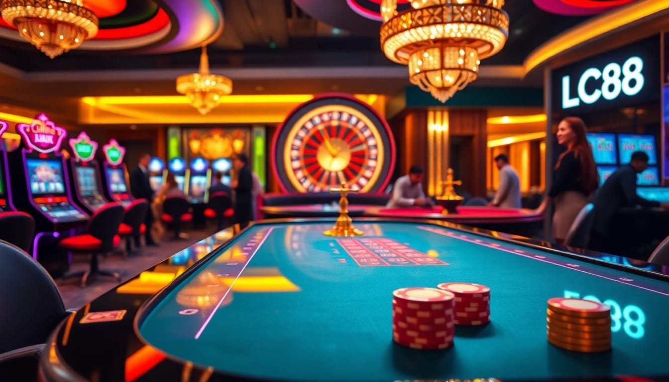 Engaging LC88 casino scene with gaming table, chips, and roulette wheel excitement.