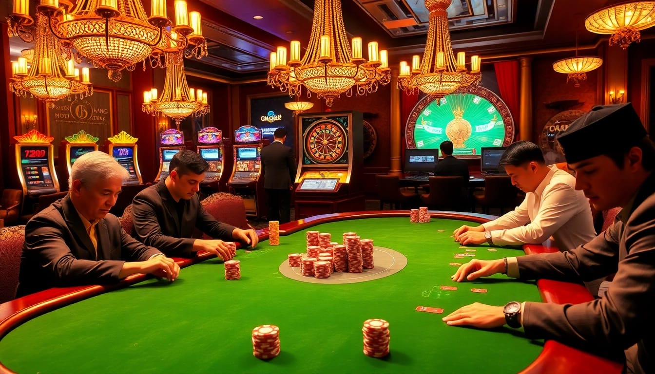 Players engage in high-stakes poker at GG88 casino table, surrounded by colorful chips and slot machines.