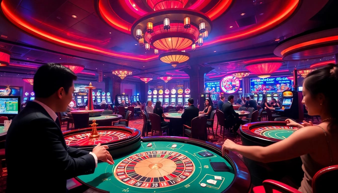 i9bet casino scene showcasing high-stakes gameplay with vibrant roulette wheels and poker tables