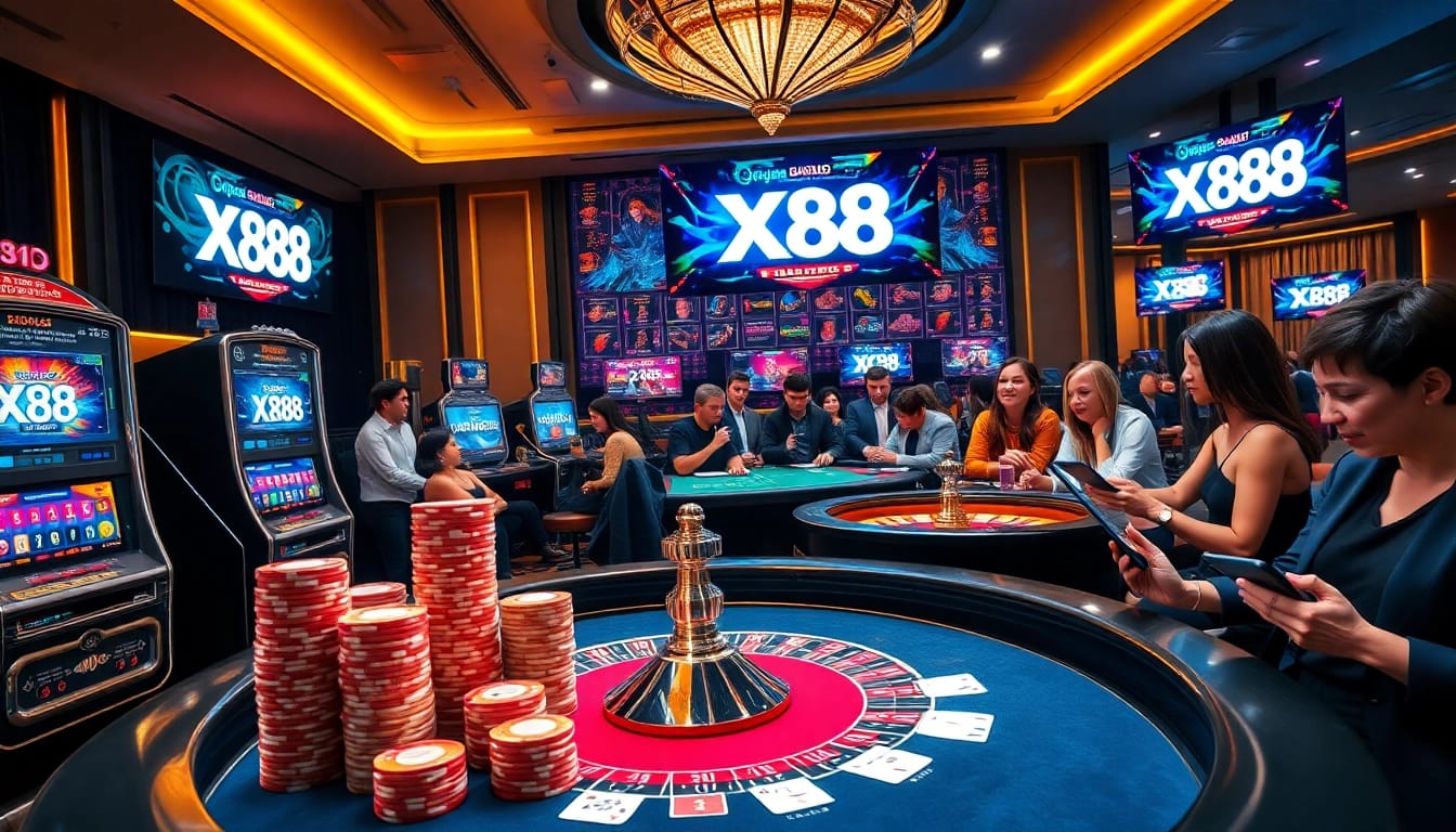 Players enjoy high-stakes action at XX88’s luxurious online casino, showcasing poker chips and slot machines.