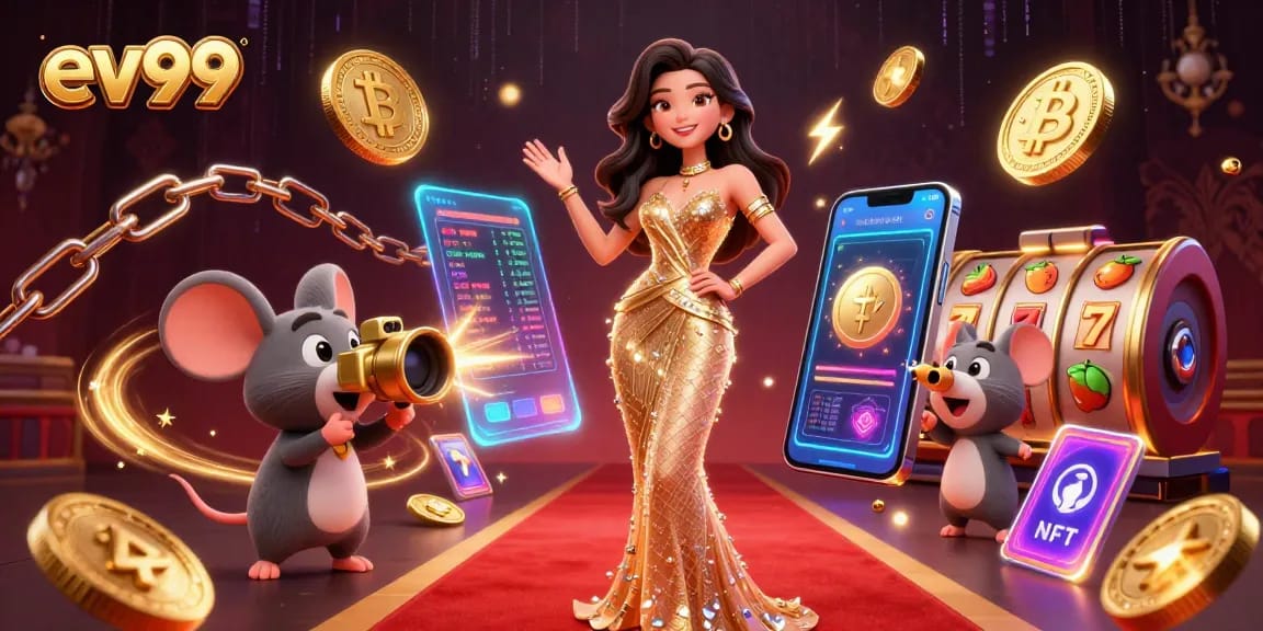 Spin the reels with ev99 as a glamorous figure dazzles on the red carpet amid vibrant casino elements.
