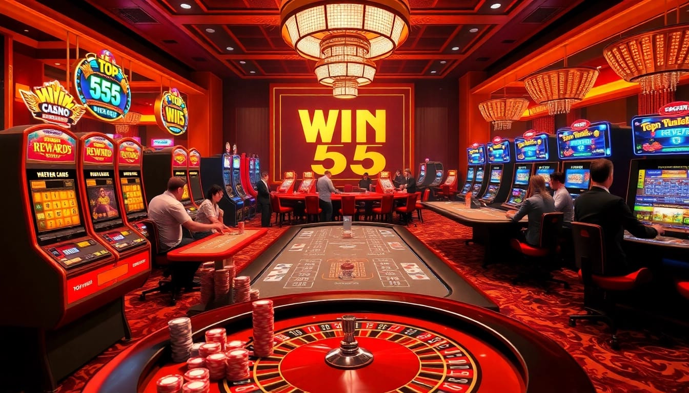 Engaging players at the luxurious Win 55 casino, showcasing vibrant slot machines and dynamic card games.