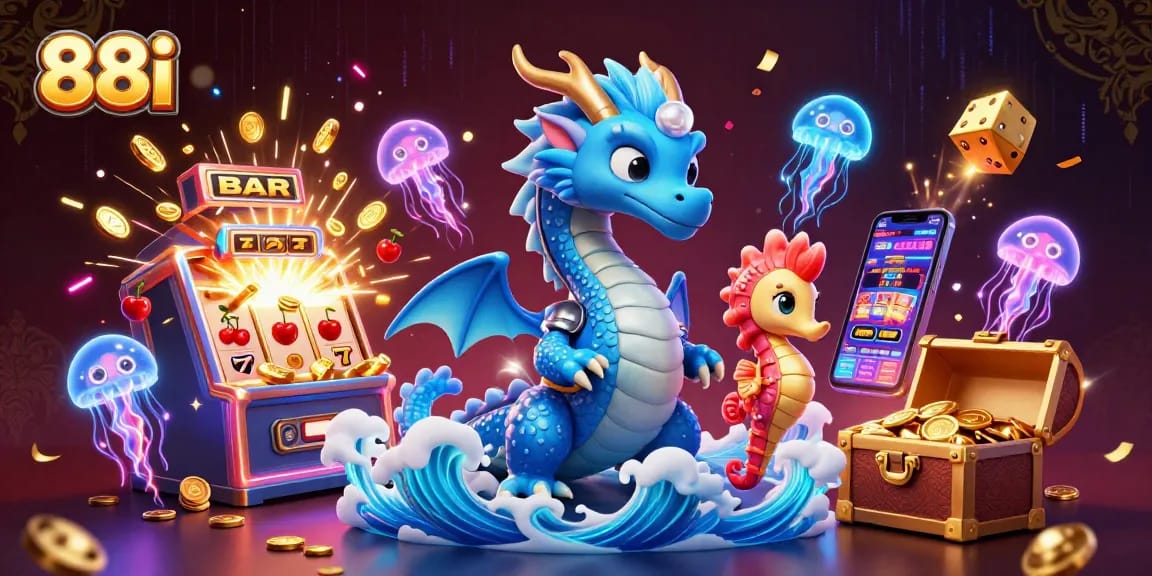 Win big at 88i with a vibrant scene of a cartoon water dragon, seahorse knight, and slot machine bursting with coins.