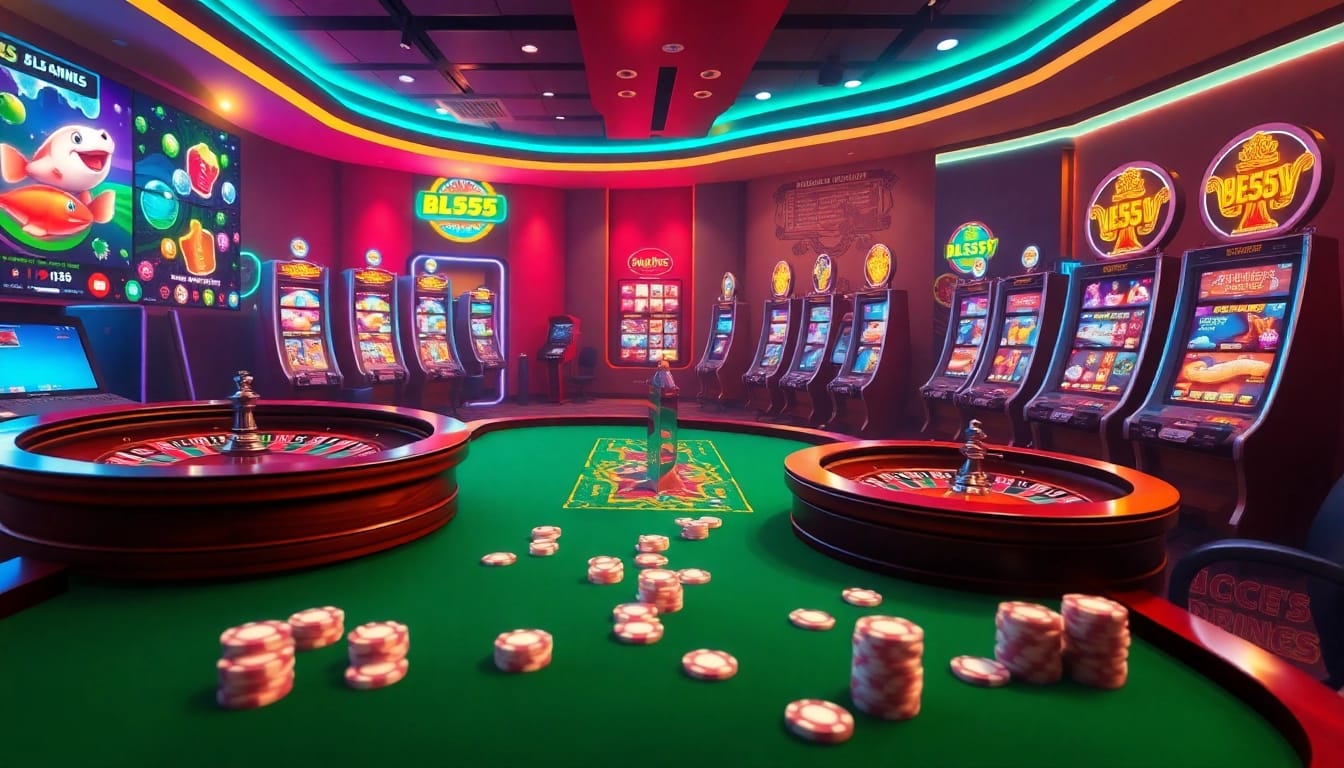 Trải nghiệm sự phấn khích của BL555 với hình ảnh sòng bạc sống động bao gồm roulette, chip poker và máy slot.
