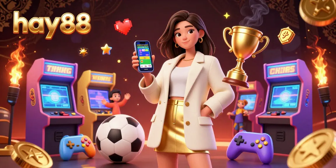 Engage with hay88's vibrant sports betting scene, featuring a friendly Asian woman highlighting a betting app amidst dynamic game elements.