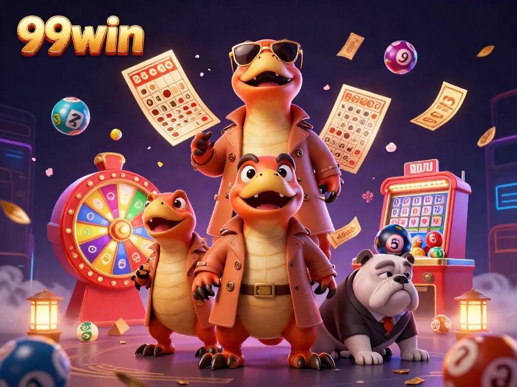 Experience the excitement at 99win with colorful lottery elements and whimsical characters in action.